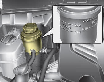 Kia Carnival: Checking the power steering fluid level Kia Carnival: Checking the power steering fluid level. With the vehicle on level ground, check the fluid level in the power steering