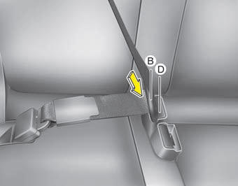 Kia Carnival: Seat belt restraint system Kia Carnival: Seat belt restraint system. 4. Pull the tongue plate (B) and insert the tongue plate (B) into the open end