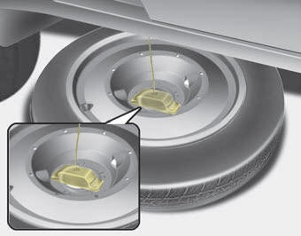 Kia Carnival: Storing the spare tire Kia Carnival: Storing the spare tire. 1. Assemble the cover and spare tire with valve center aligning together.